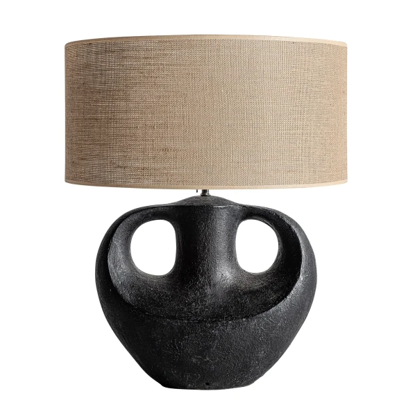 Czarna lampa stołowa z terakoty z jutowym abażurem - Vical