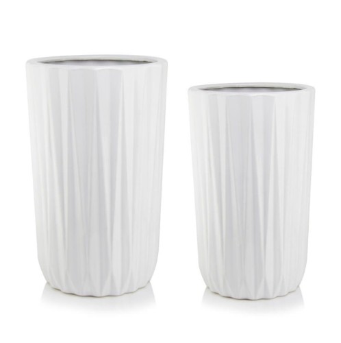Wysokie donice ceramiczne z geometrycznym wzorem, białe, 2 szt - Polnix