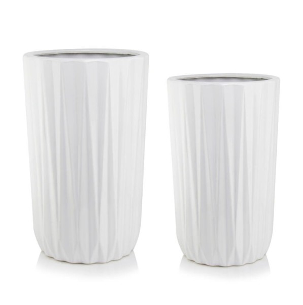 Wysokie donice ceramiczne z geometrycznym wzorem, białe, 2 szt - Polnix