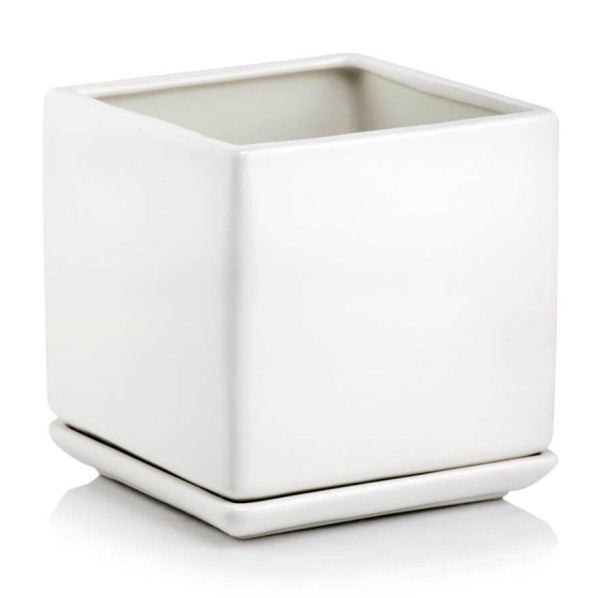 Kwadratowa doniczka ceramiczna z podstawką 20x20, biała - Polnix
