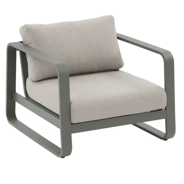 Nowoczesny fotel na taras aluminiowy z poduszkami Olefin Domilly, Laurel green - Hesperide