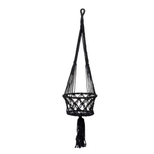 Czarny kwietnik wiszący osłonka z makramy Boho Macrame-L BAZAR BIZAR